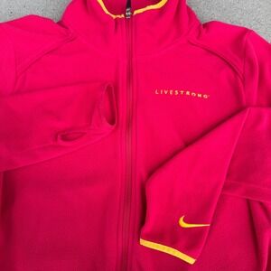Nike Livestrong Womens Pink Full Zip Fleece Jacket Thumbholes Yellow Trim Large